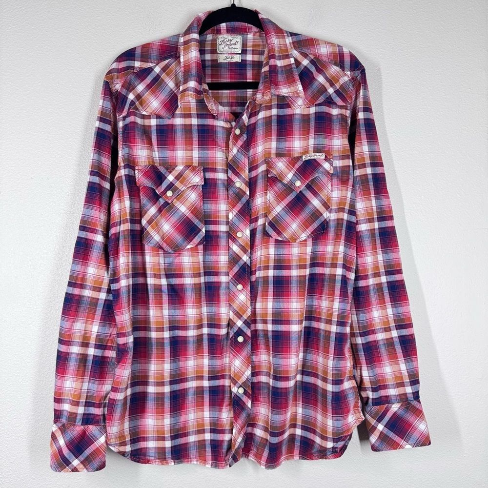 Vintage Lucky Brand Means Y2K Western Pearl Snap Plaid Button Up Shirt Large